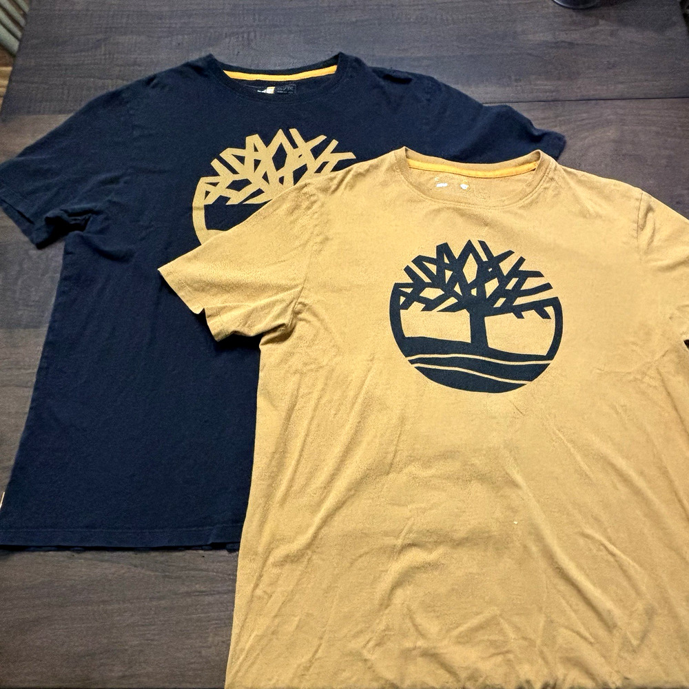 Lot 2 Timberland Men's Crew Neck Short Sleeve Black/Gold Wheat Tree Logo Tee XL